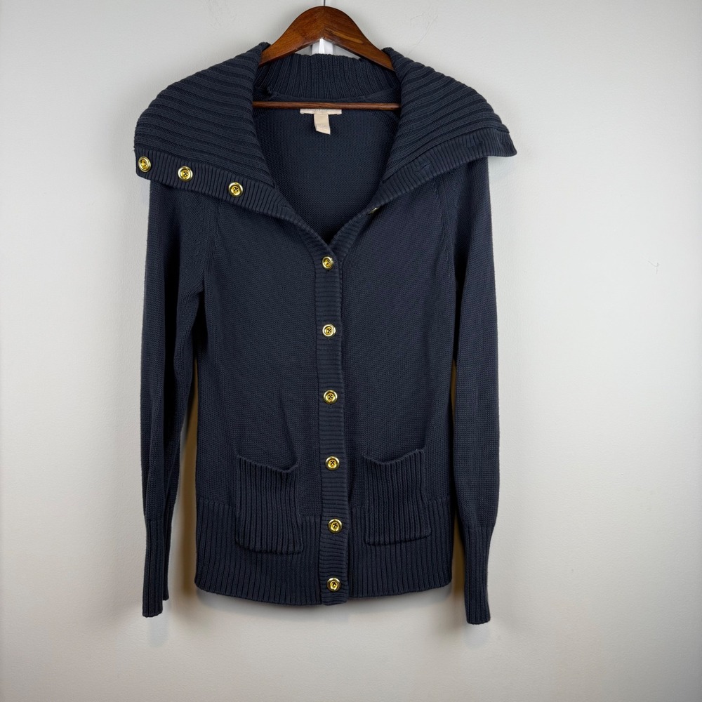 Banana Republic Shawl Collar Cardigan M Navy Blue Gold Button Fisherman Nautical